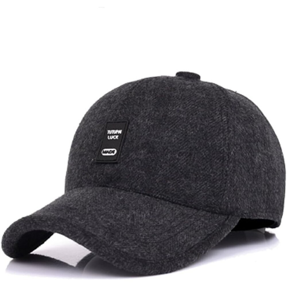 🆕 Men Black Baseball Cap Winter Warm Wool Tweed Peaked Fold Earmuff Jacket Hat